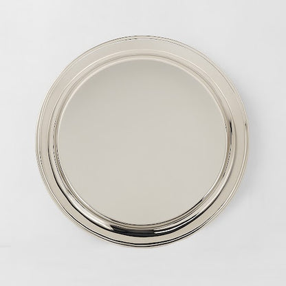 Vintage round silverplate hotel salver, c.1960, with a polished finish and raised rim.