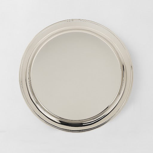 Vintage round silverplate hotel salver, c.1960, with a polished finish and raised rim.