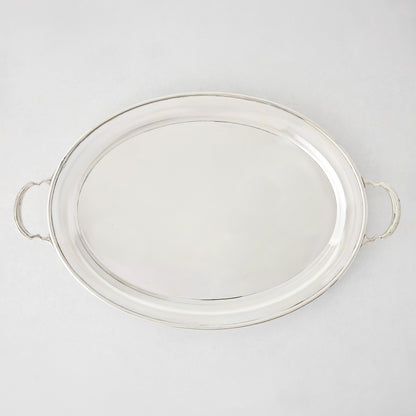 Vintage silverplate Sofia oval tray, 23 inches, with handles and a shiny finish.