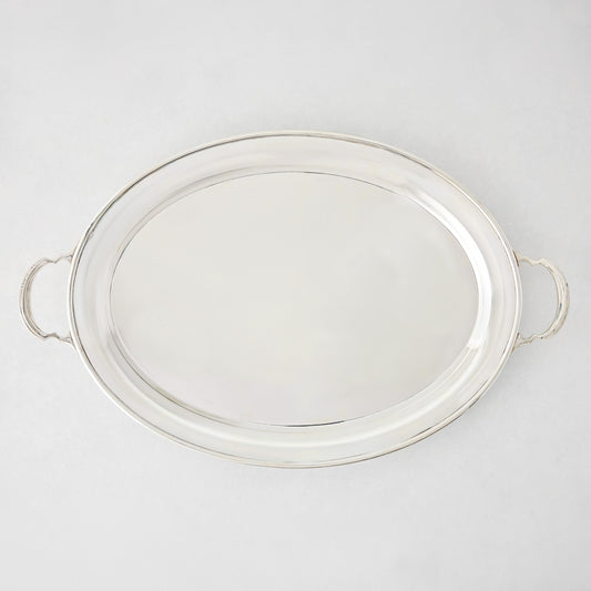 Vintage silverplate Sofia oval tray, 23 inches, with handles and a shiny finish.