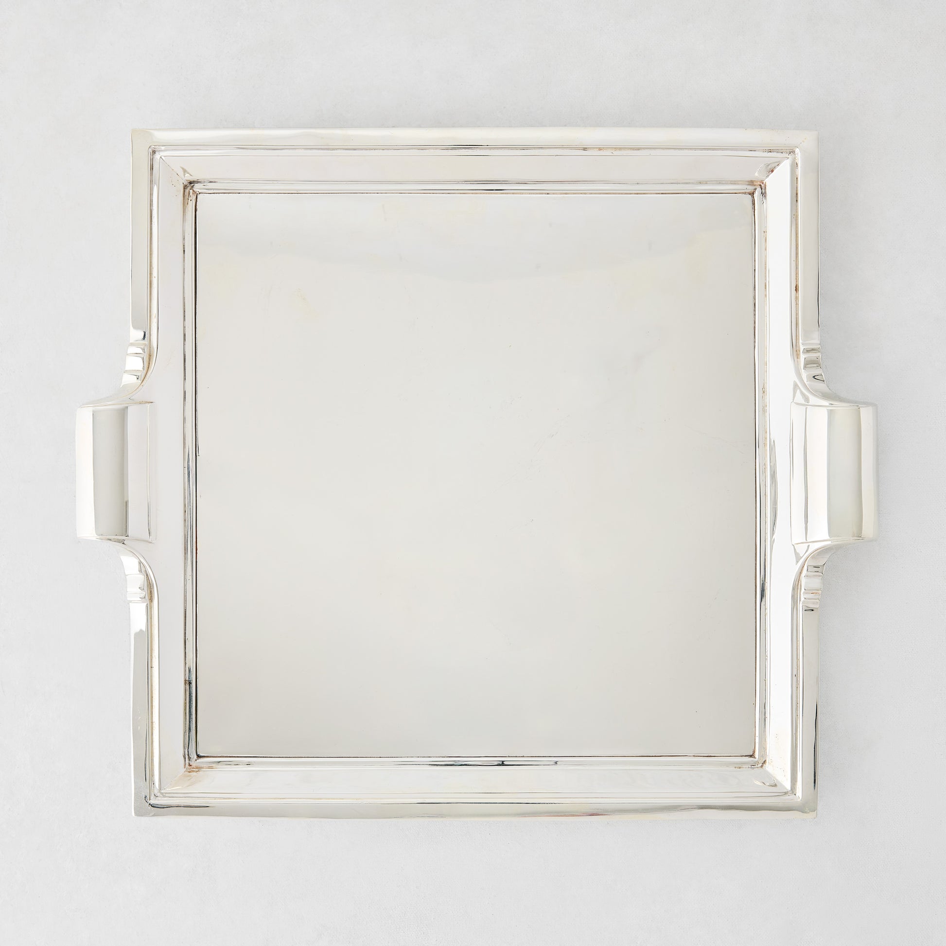 Vintage silverplate square Deco Gabby tray with handles.