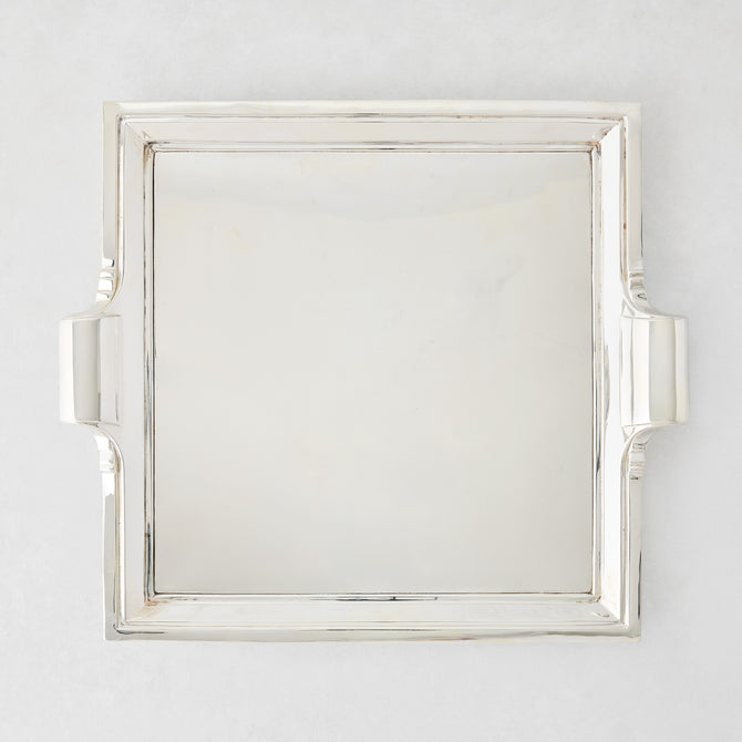 Vintage silverplate square Deco Gabby tray with handles.