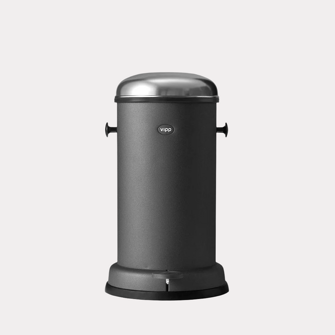 Vipp black 4-gallon pedal bin with stainless steel lid and pedal, and side handles.