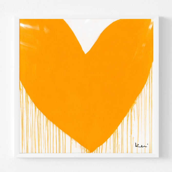Kerri Rosenthal Vitamin L Drippy Heart art print: oversized, sun-saturated yellow heart with expressive drips in a white frame.