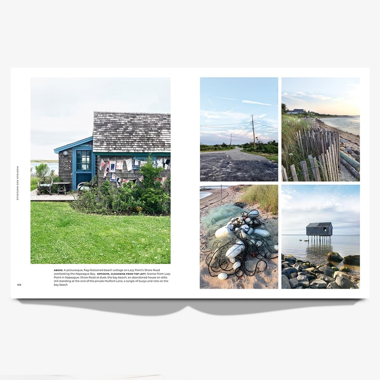 Open "Walk with Me: Hamptons" book showing a blue house, coastal road, fishing nets, and a shack on stilts.