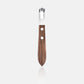 Walnut wood channel knife with stainless steel blade and two silver rivets.