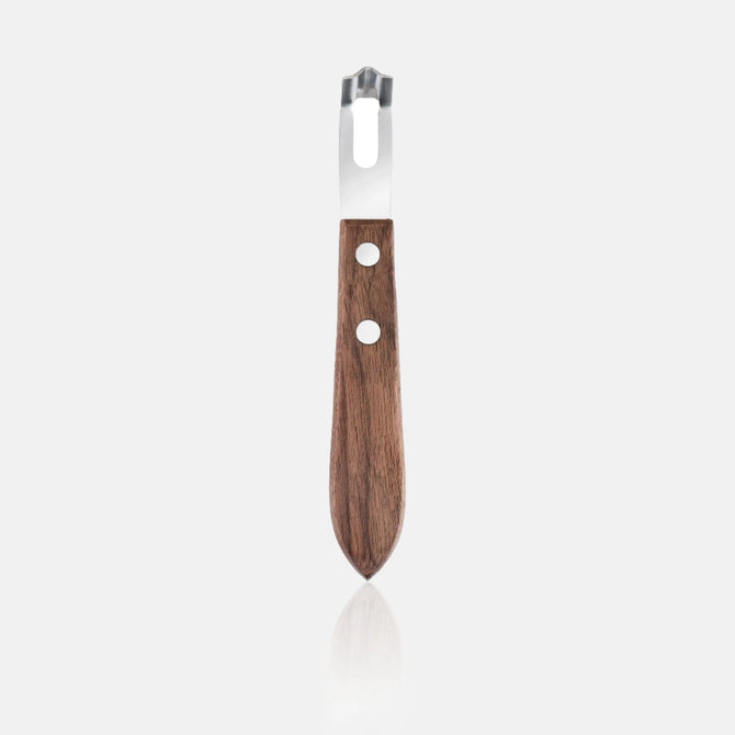 Walnut wood channel knife with stainless steel blade and two silver rivets.