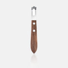 Walnut wood channel knife with stainless steel blade and two silver rivets.