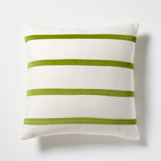 Wasabi green and ivory thin velvet stripe pillow, 22" square, linen and velvet.