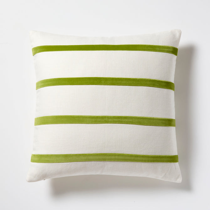 Wasabi green and ivory thin velvet stripe pillow, 22" square, linen and velvet.
