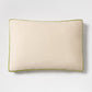 20x14 inch lumbar pillow with beige Belgian linen, wasabi green velvet gusset, and flange trim.