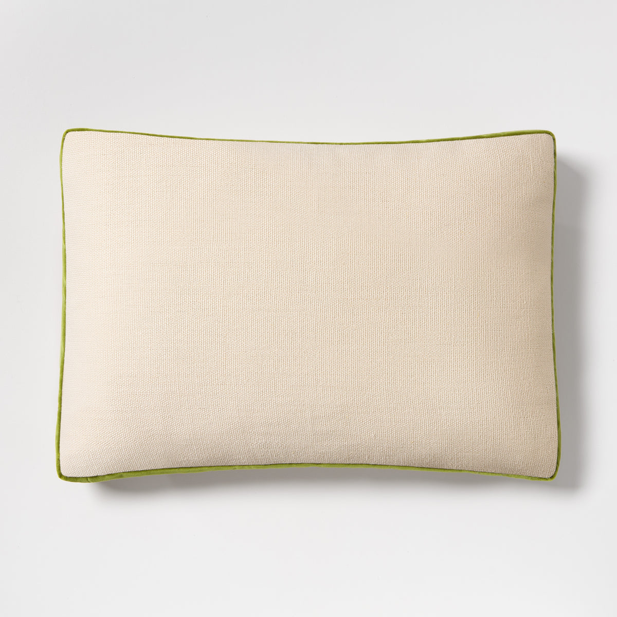 20x14 inch lumbar pillow with beige Belgian linen, wasabi green velvet gusset, and flange trim.
