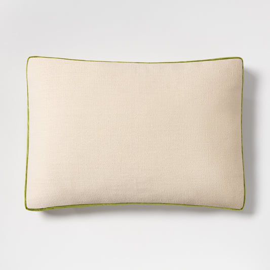 20x14 inch lumbar pillow with beige Belgian linen, wasabi green velvet gusset, and flange trim.