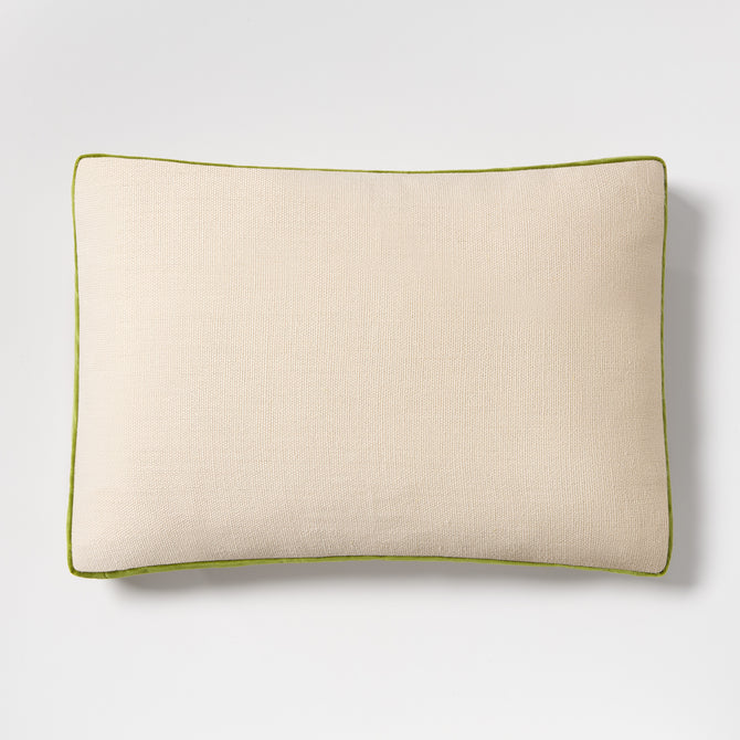 20x14 inch lumbar pillow with beige Belgian linen, wasabi green velvet gusset, and flange trim.