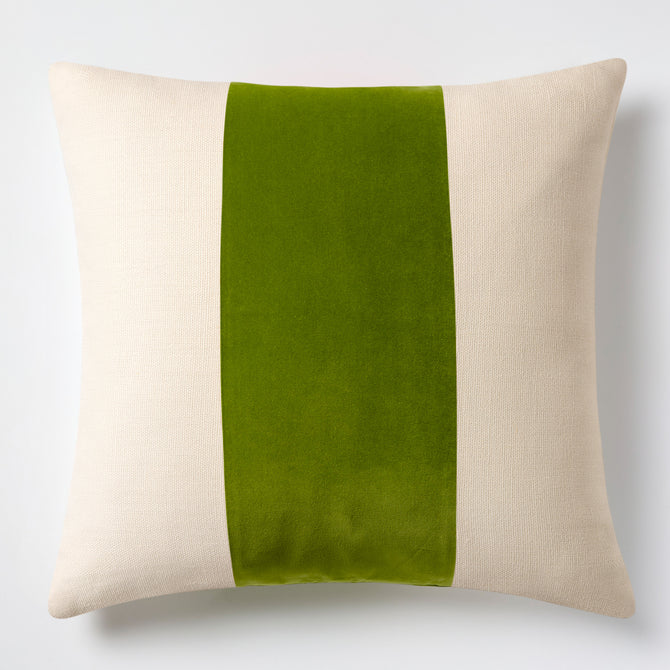 20x14 inch rectangular pillow in beige Belgian linen with a wide, centered wasabi green velvet stripe and flange edge.