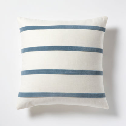 Wedgewood Blue and Ivory Thin Velvet Stripe Pillow, 22" square, linen and velvet.