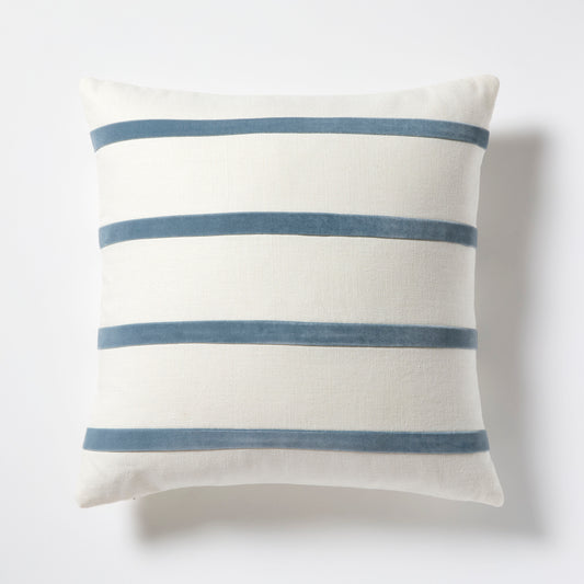 Wedgewood Blue and Ivory Thin Velvet Stripe Pillow, 22" square, linen and velvet.