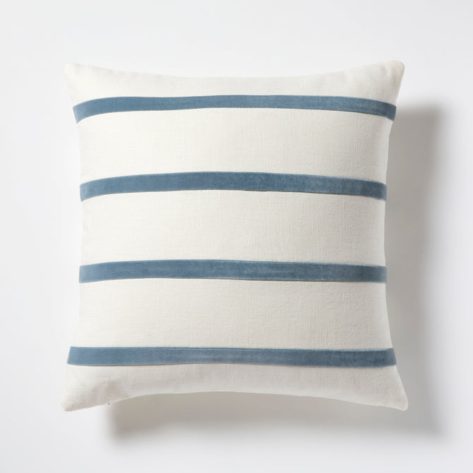 Wedgewood Blue and Ivory Thin Velvet Stripe Pillow, 22" square, linen and velvet.