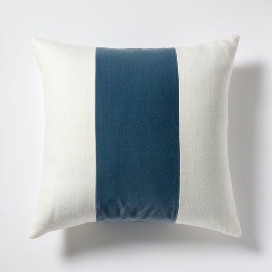 Wedgewood Grey velvet and cream linen stripe pillow, 22" square.