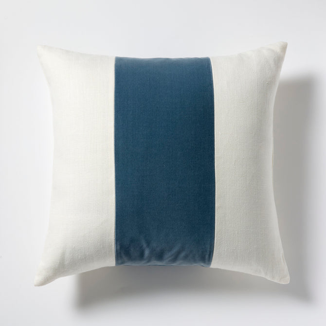 Wedgewood Grey velvet and cream linen stripe pillow, 22" square.