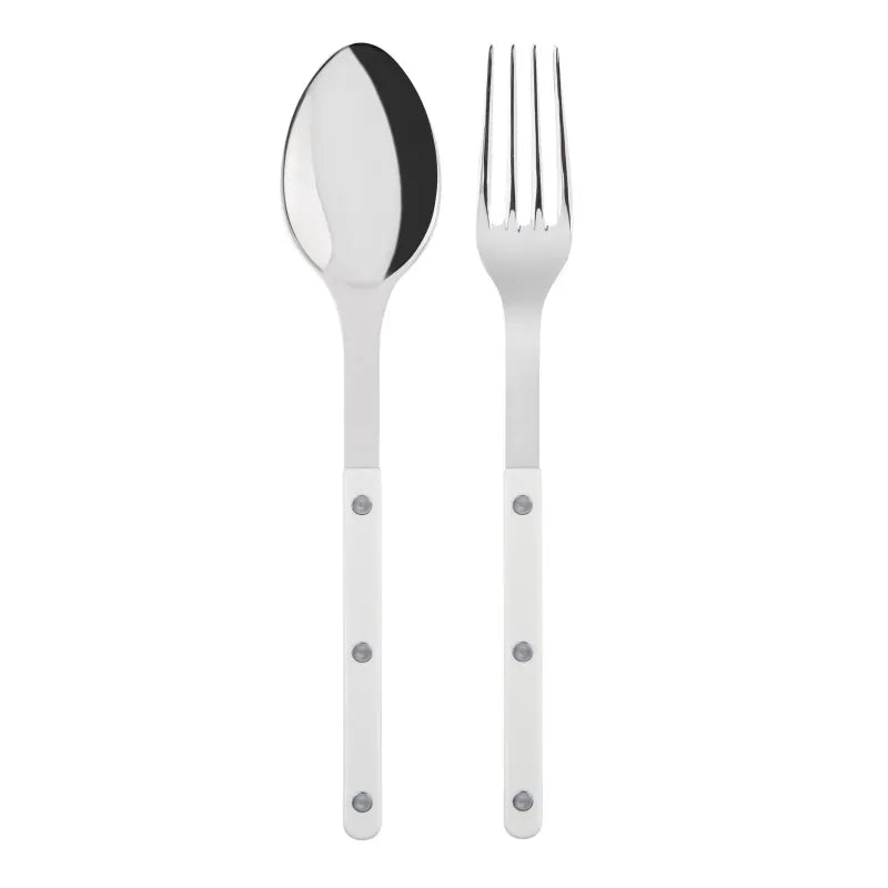 White Bistro 2-piece serving set: 10.25" 18/10 stainless steel spoon and fork with white acrylic handles.