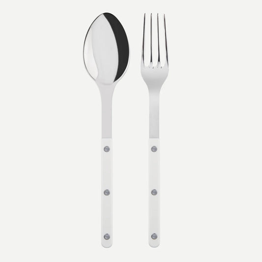 White Bistro 2-piece serving set: 10.25" stainless steel spoon and fork with white acrylic handles.