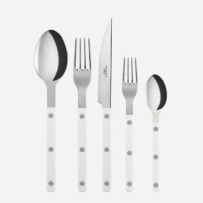 White Bistro 5-piece flatware set with stainless steel utensils and acrylic handles.
