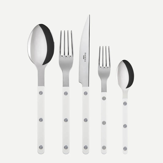 White Bistro 5-piece flatware set with stainless steel utensils and acrylic handles.