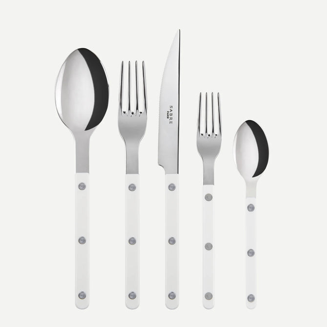 White Bistro 5-piece flatware set with stainless steel utensils and acrylic handles.
