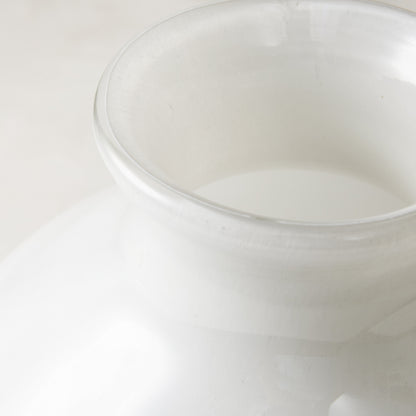 Oversized opaque white handblown glass Bucca vase, 11.4"W x 11.8"H, with a wide rim.