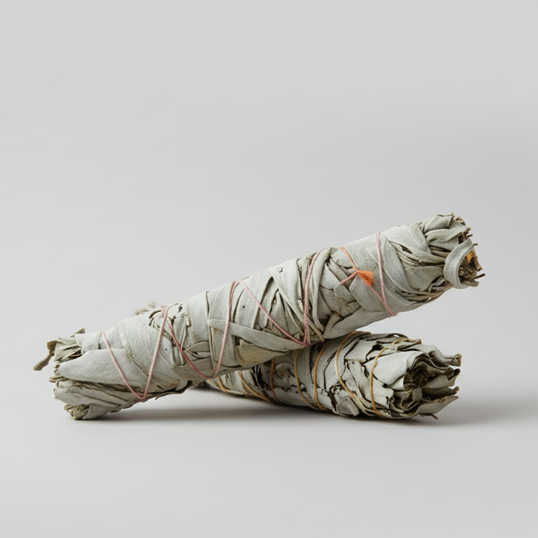 Two white California sage smudge sticks tied with pink string.