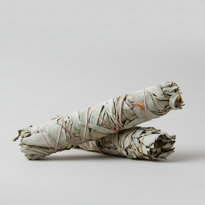 Two white California sage smudge sticks tied with pink string.