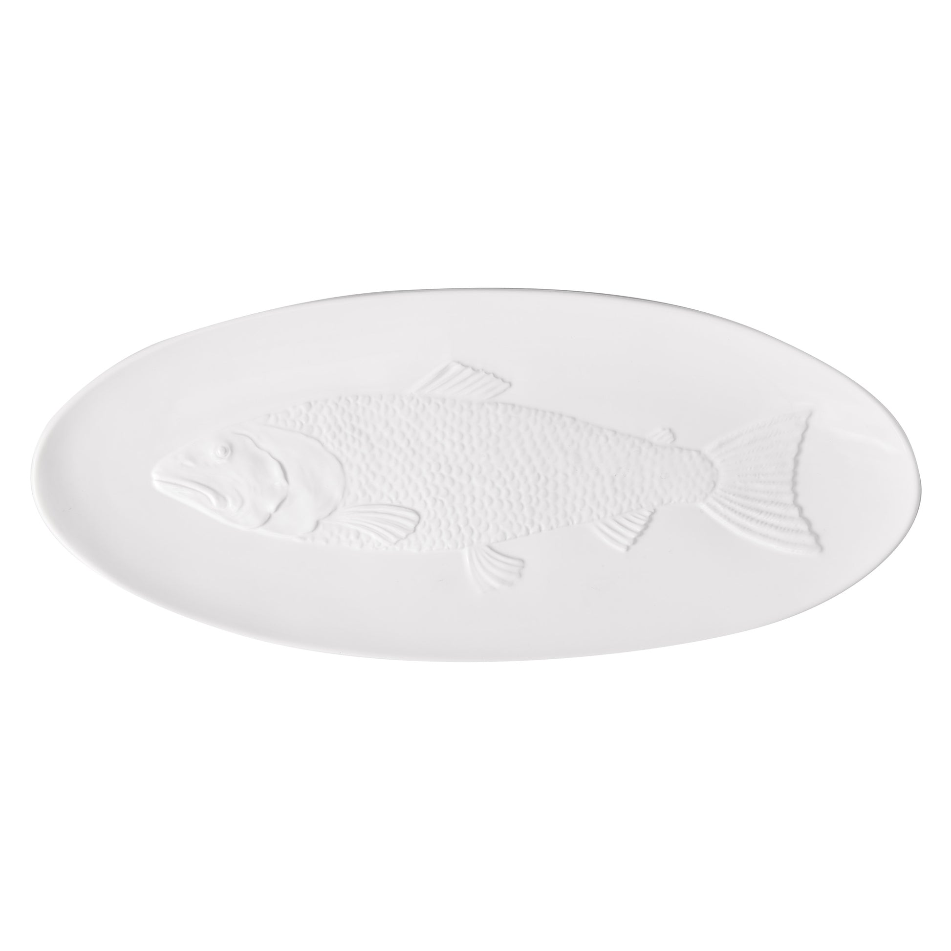 White ceramic oval serving platter with an embossed fish design.