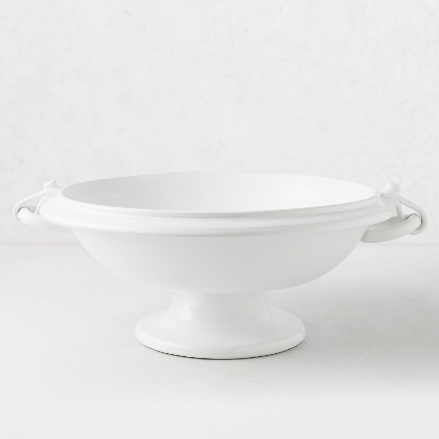 White ceramic pedestal fruit bowl with ring handles, 17"Dia x 6"H.
