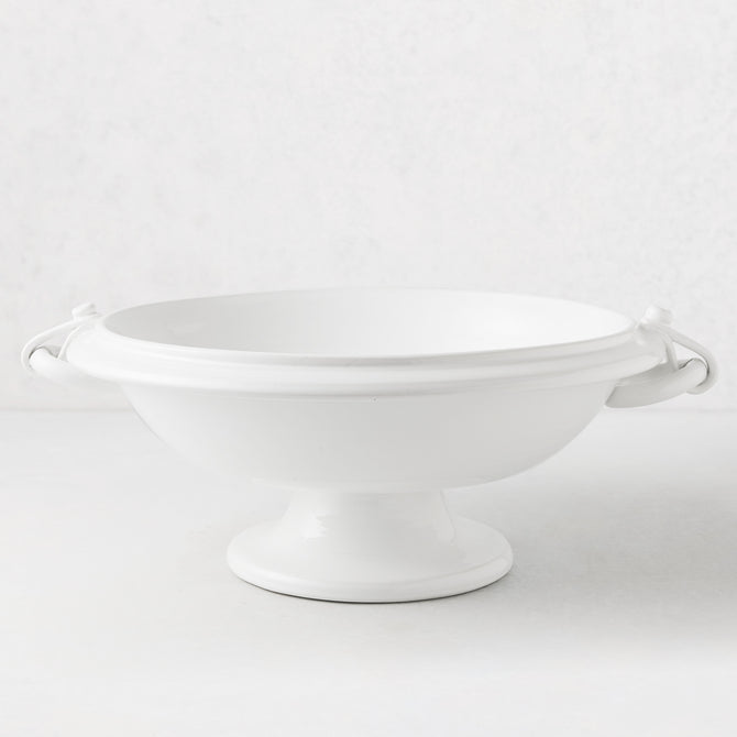 White ceramic pedestal fruit bowl with ring handles, 17"Dia x 6"H.