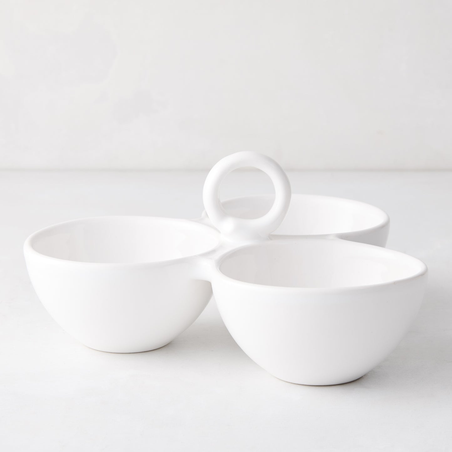 White ceramic triple serve bowl with handle, 9.7"Dia x 2"H.
