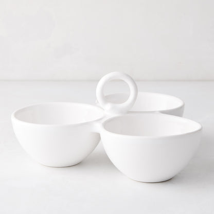 White ceramic triple serve bowl with handle, 9.7"Dia x 2"H.