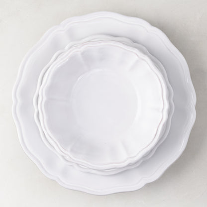 Handmade white ceramic bowl and plate set with scalloped edges, 7.4-inch diameter, Italian-style dinnerware.