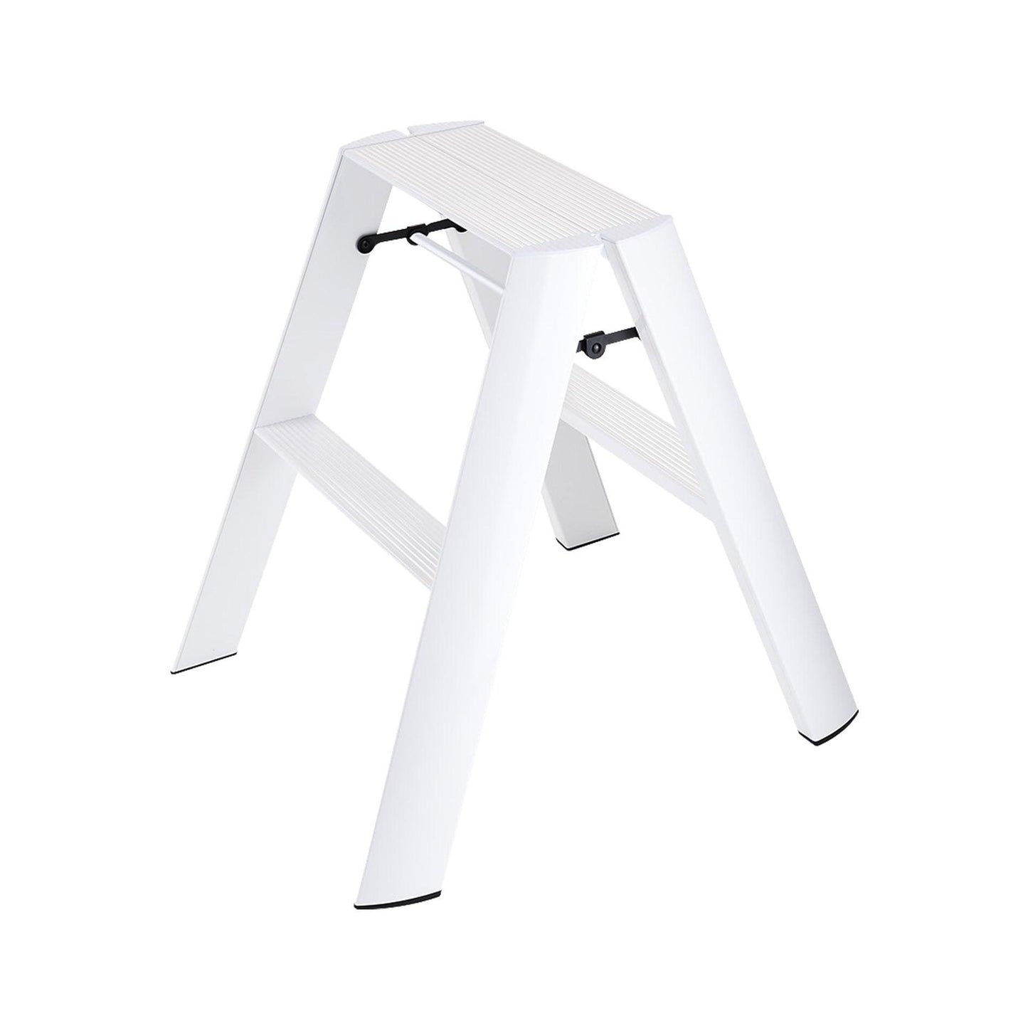 White Lucano Hasegawa 2-step ladder, aluminum and steel, with grooved treads and black non-skid feet.