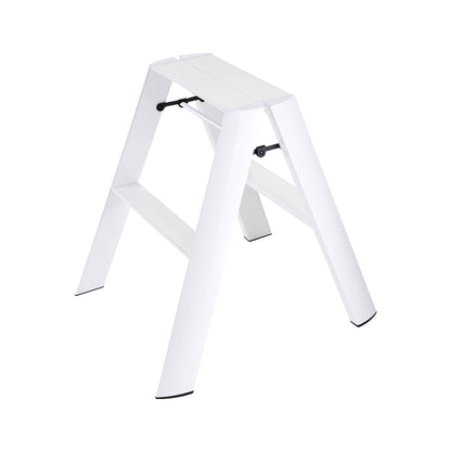 White Lucano Hasegawa 2-step ladder, aluminum and steel, with grooved treads and black non-skid feet.