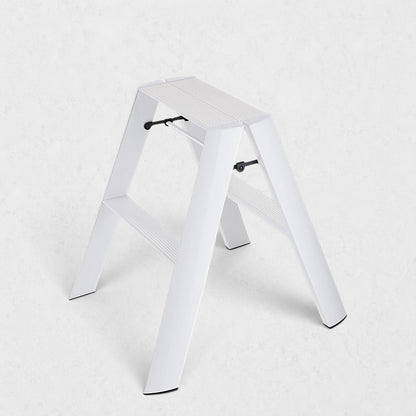 Hudson Grace white Hasegawa Lucano 2-step ladder with a minimalist aluminum and steel design and non-skid feet.