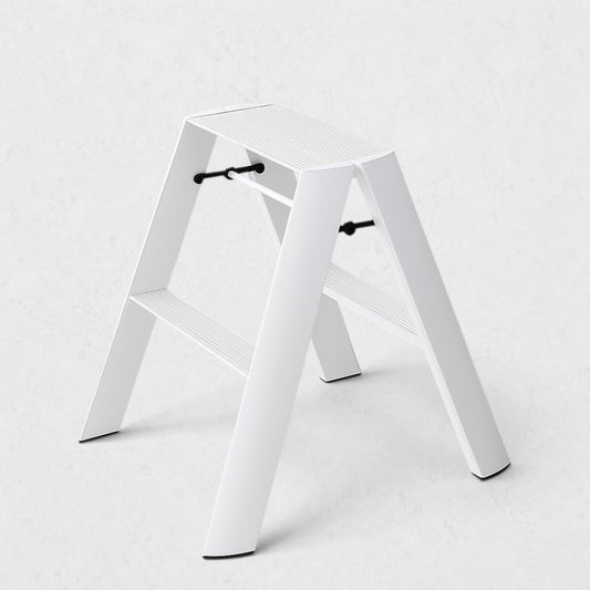 Hudson Grace white Hasegawa Lucano 2-step ladder with a minimalist aluminum and steel design and non-skid feet.