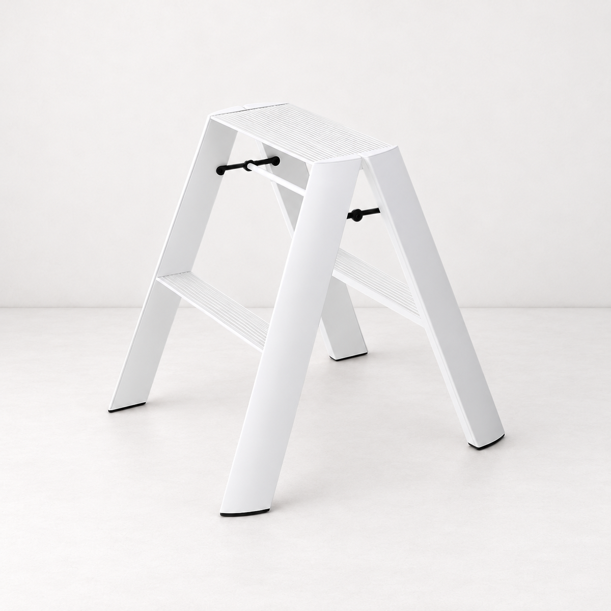 White Hasegawa Lucano 2-step ladder in matte white aluminum and steel with grooved treads and black safety latches.