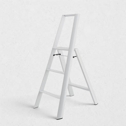 Hudson Grace white Hasegawa Lucano 3-step ladder with a minimalist aluminum and steel design and non-skid feet.