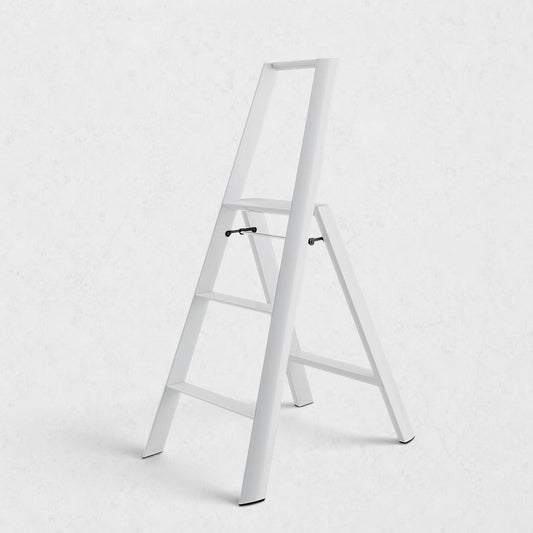 Hudson Grace white Hasegawa Lucano 3-step ladder with a minimalist aluminum and steel design and non-skid feet.
