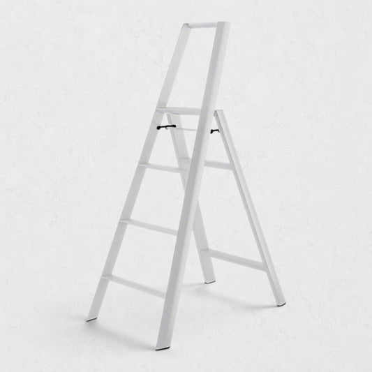 Hudson Grace white Hasegawa Lucano 4-step ladder with a minimalist aluminum and steel design and safety latch.