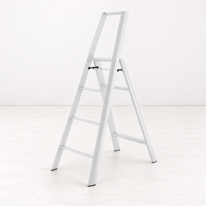 White Hasegawa Lucano 4-step ladder in matte white aluminum and steel with a minimalist design and safety bar.
