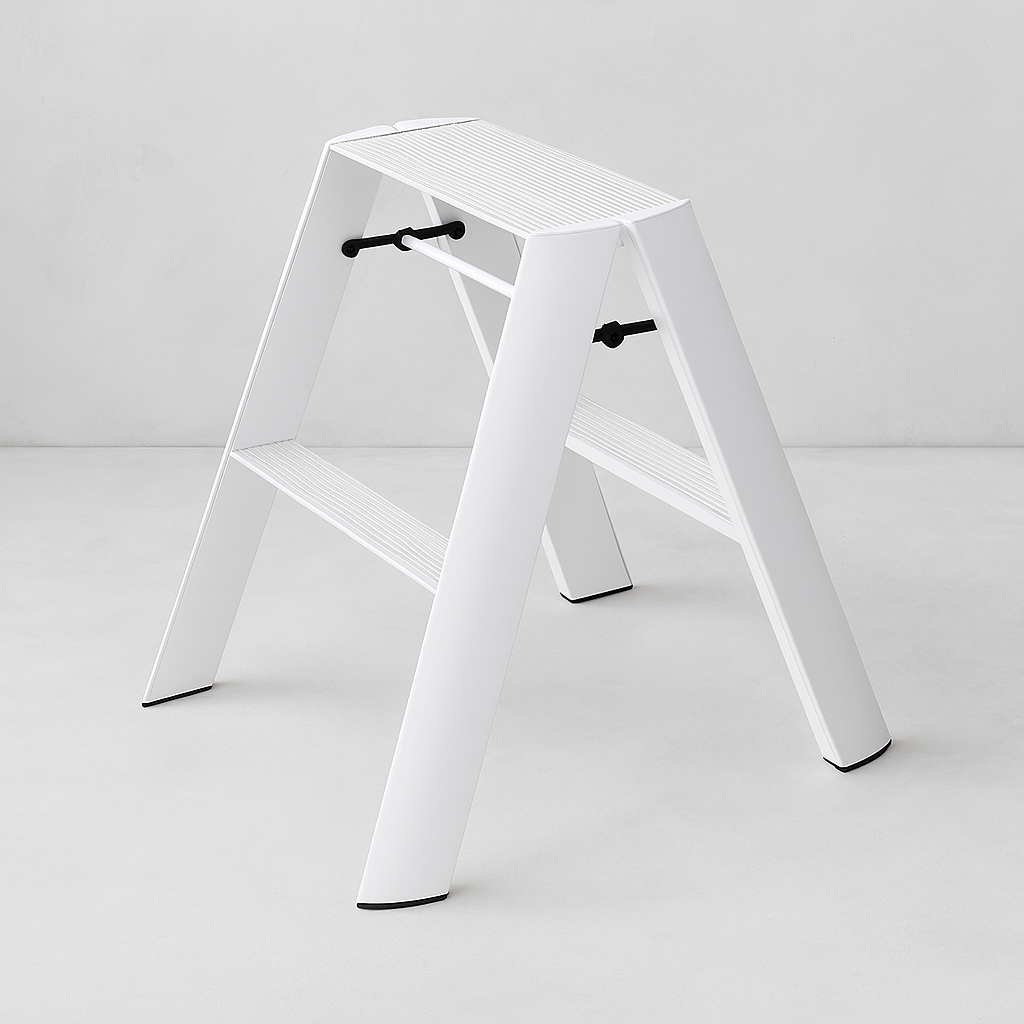 White Lucano Hasegawa 2-step lightweight aluminum and steel ladder with grooved treads and black accents.