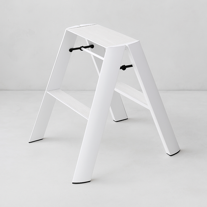 White Lucano Hasegawa 2-step lightweight aluminum and steel ladder with grooved treads and black accents.