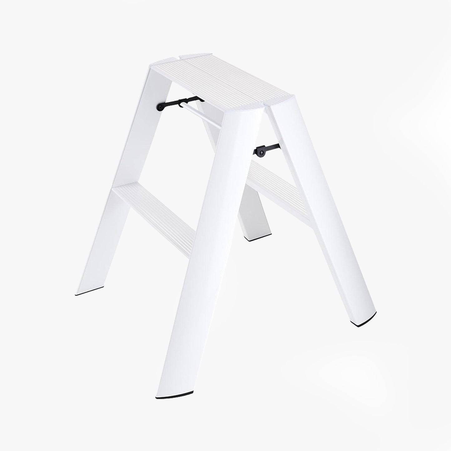 White Lucano Hasegawa 2-step ladder, aluminum and steel, with grooved treads and black non-skid feet.